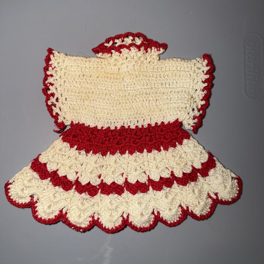 Crochet Potholder Dress Bloomers Red White 50s Handmade Cottagecore Grandma Vtg - Picture 2 of 10